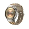 Huawei Watch GT 6 Pro 46 mm en alliage de titane, écran AMOLED 1.47 pouces, bracelet tissé marron, vue de face pour le suivi santé (ECG, SpO2) et le sport.