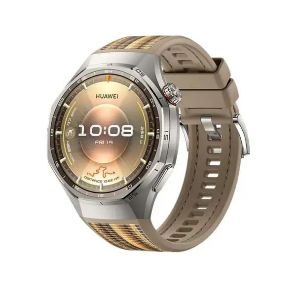 Huawei Watch GT 6 Pro 46 mm en alliage de titane, écran AMOLED 1.47 pouces, bracelet tissé marron, vue de face pour le suivi santé (ECG, SpO2) et le sport.